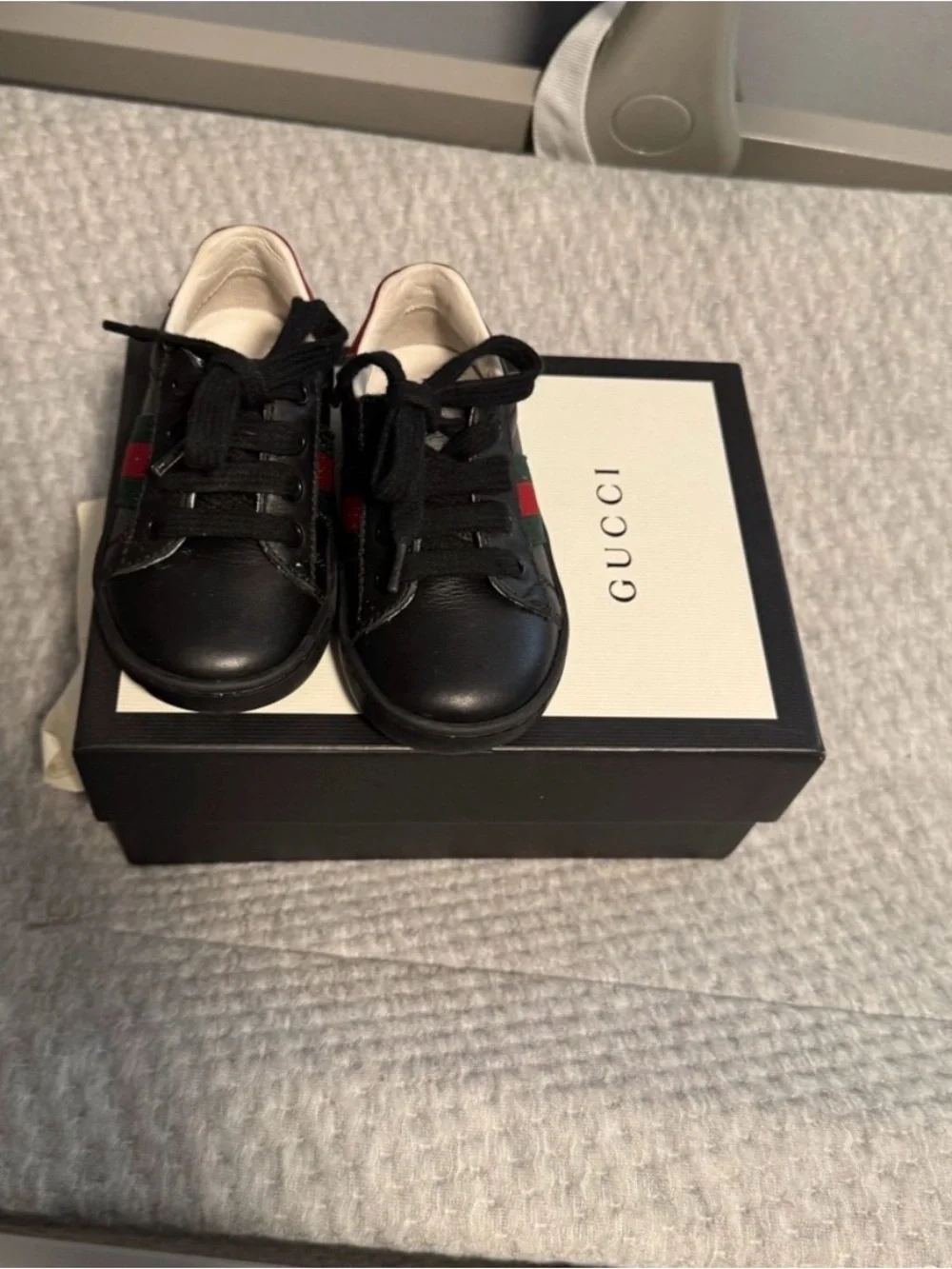 Gucci Infant Toddler Black Sneakers with Green and Red Web Stripe